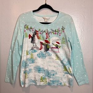 Christopher & Banks Penguins Top Size S Aqua Christmas Winter Studs TShirt